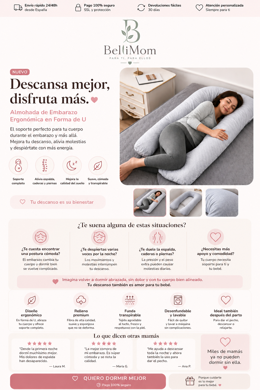 Almohada de Embarazo Ergonómica en Forma de U | Descanso Total Bellimom