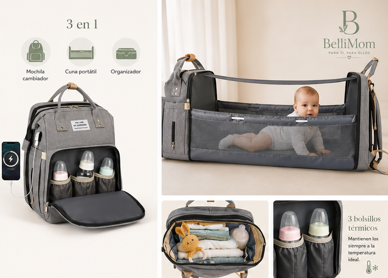 Mochila Cambiador 3 en 1 BelliMom™ | Mochila Maternal con Cuna Portátil, USB y Gran Capacidad