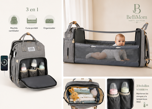 Mochila Cambiador 3 en 1 BelliMom™ | Mochila Maternal con Cuna Portátil, USB y Gran Capacidad