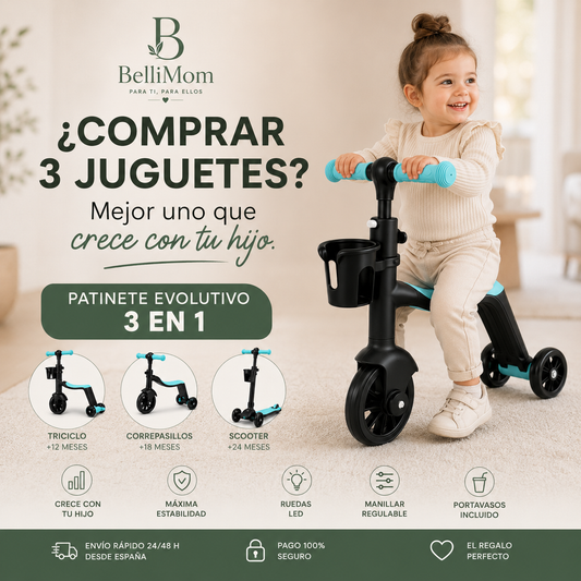 Patinete Evolutivo 3 en 1 BelliMom™ | Triciclo, Correpasillos y Scooter Ajustable