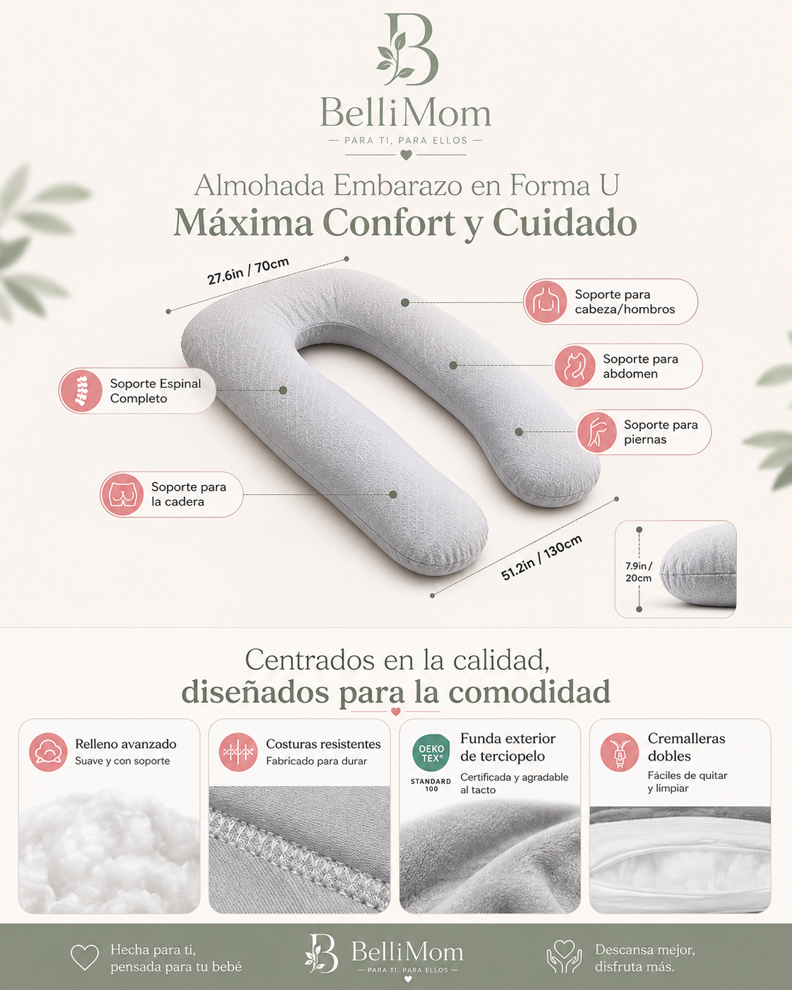 Almohada de Embarazo Ergonómica en Forma de U | Descanso Total Bellimom