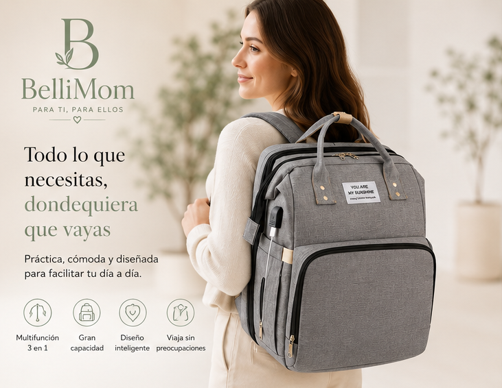 Mochila Cambiador 3 en 1 BelliMom™ | Mochila Maternal con Cuna Portátil, USB y Gran Capacidad
