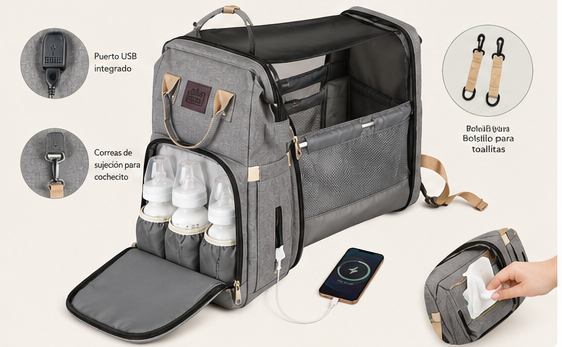 Mochila Cambiador 3 en 1 BelliMom™ | Mochila Maternal con Cuna Portátil, USB y Gran Capacidad