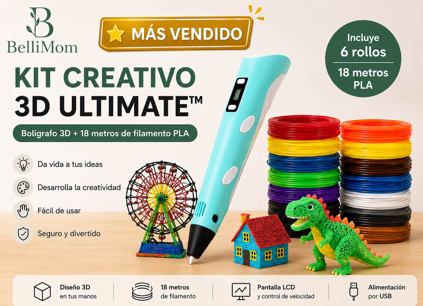 Kit Creativo 3D Ultimate™ | Bolígrafo 3D + 18 Metros de Filamento PLA